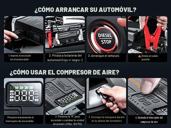 Povasee Arrancador con Compresor de Aire 5000A Caja de Arranque Por...