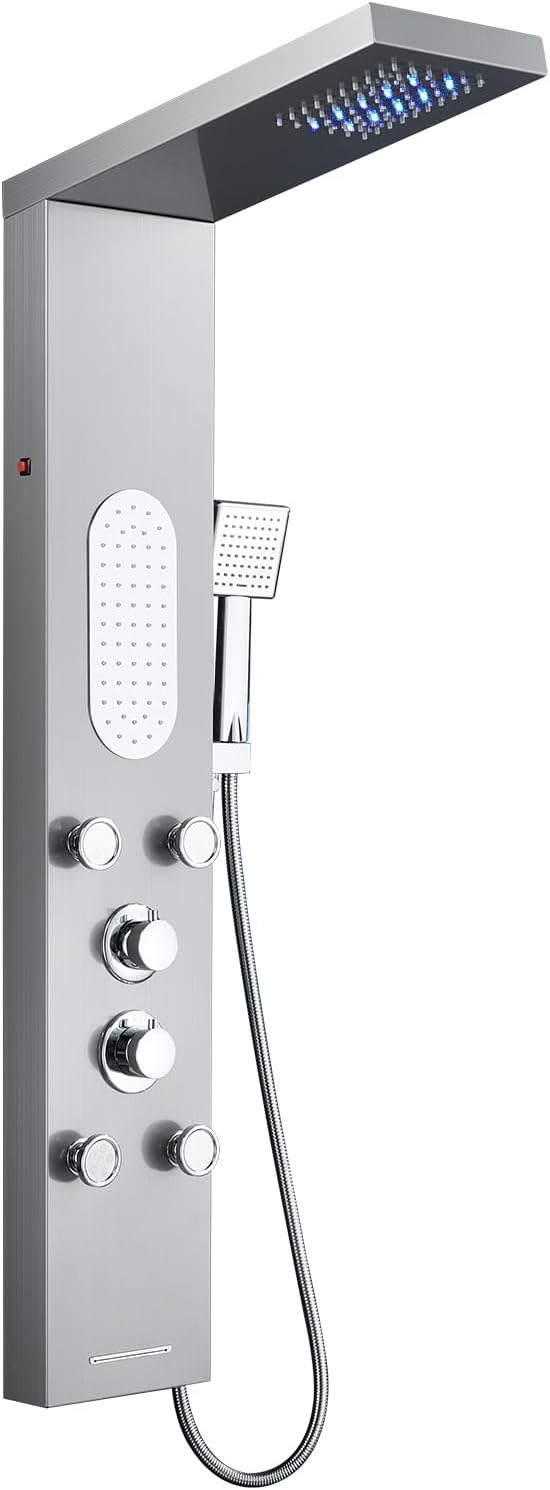 MENATT Sistema de torre de panel de ducha LED de 5 funciones, 4 cho...