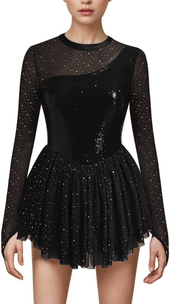 AFAVOM Vestido de patinaje artístico con lentejuelas para mujer, ma...
