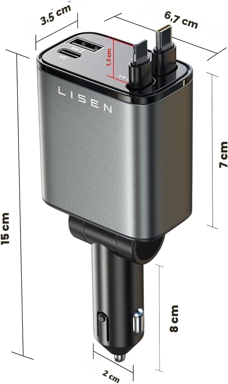 LISEN - Cargador retráctil para automóvil, adaptador de cargador de...