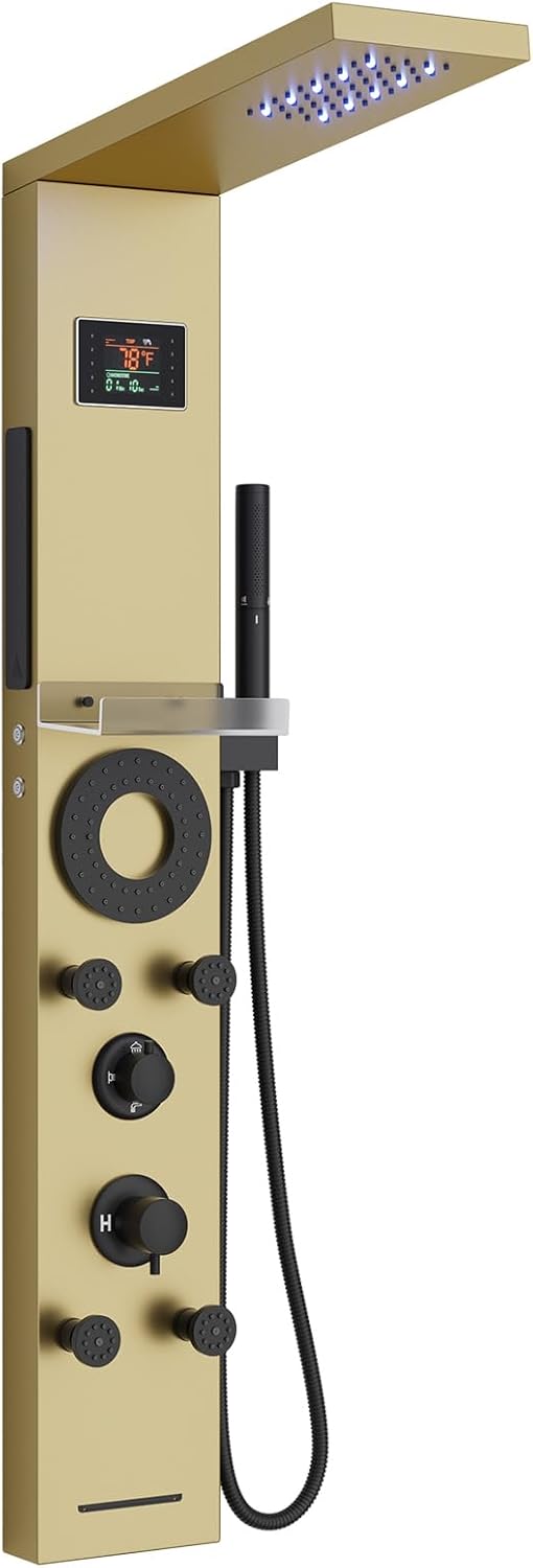 Hoimpro Sistema de torre de panel de ducha LED de oro cepillado, pa...