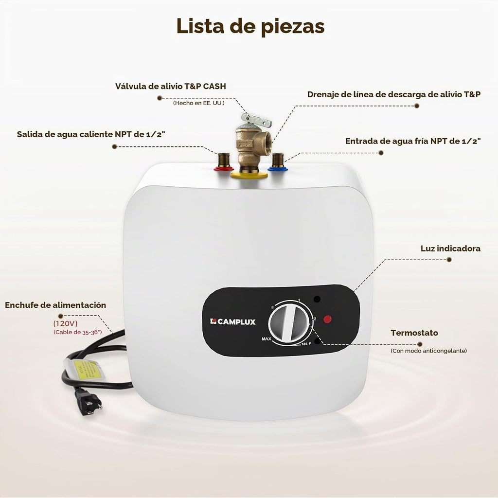 CAMPLUX - Calentador de agua eléctrico mini-tanque de 8 galones (ME...