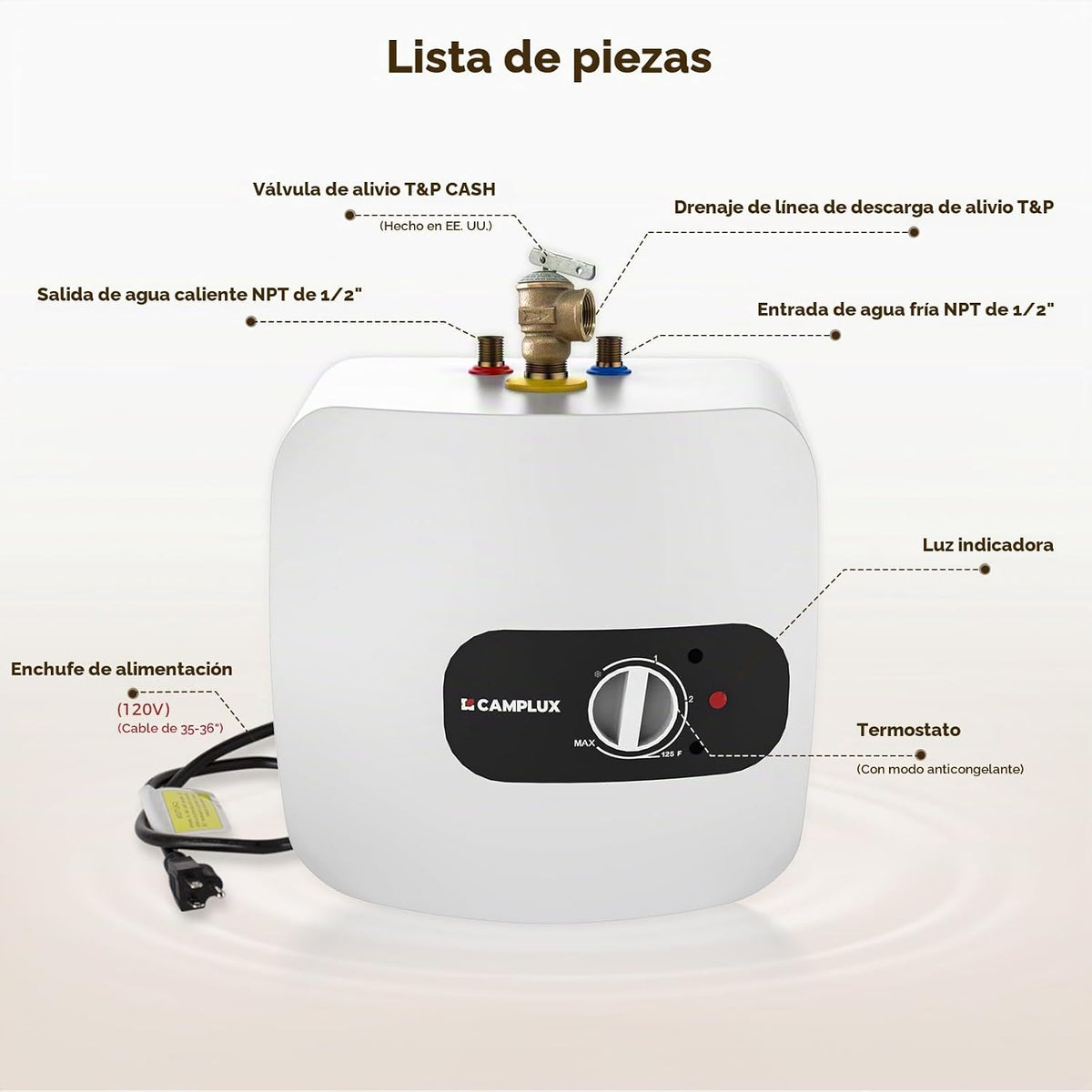 CAMPLUX - Calentador de agua eléctrico mini-tanque de 8 galones (ME...
