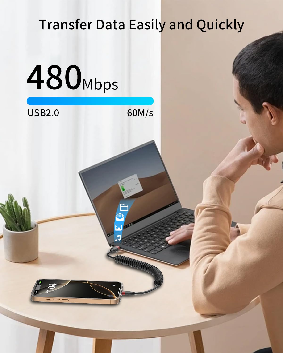 2 unidades de cable USB C enrollado, cable de carga rápida USB a US...