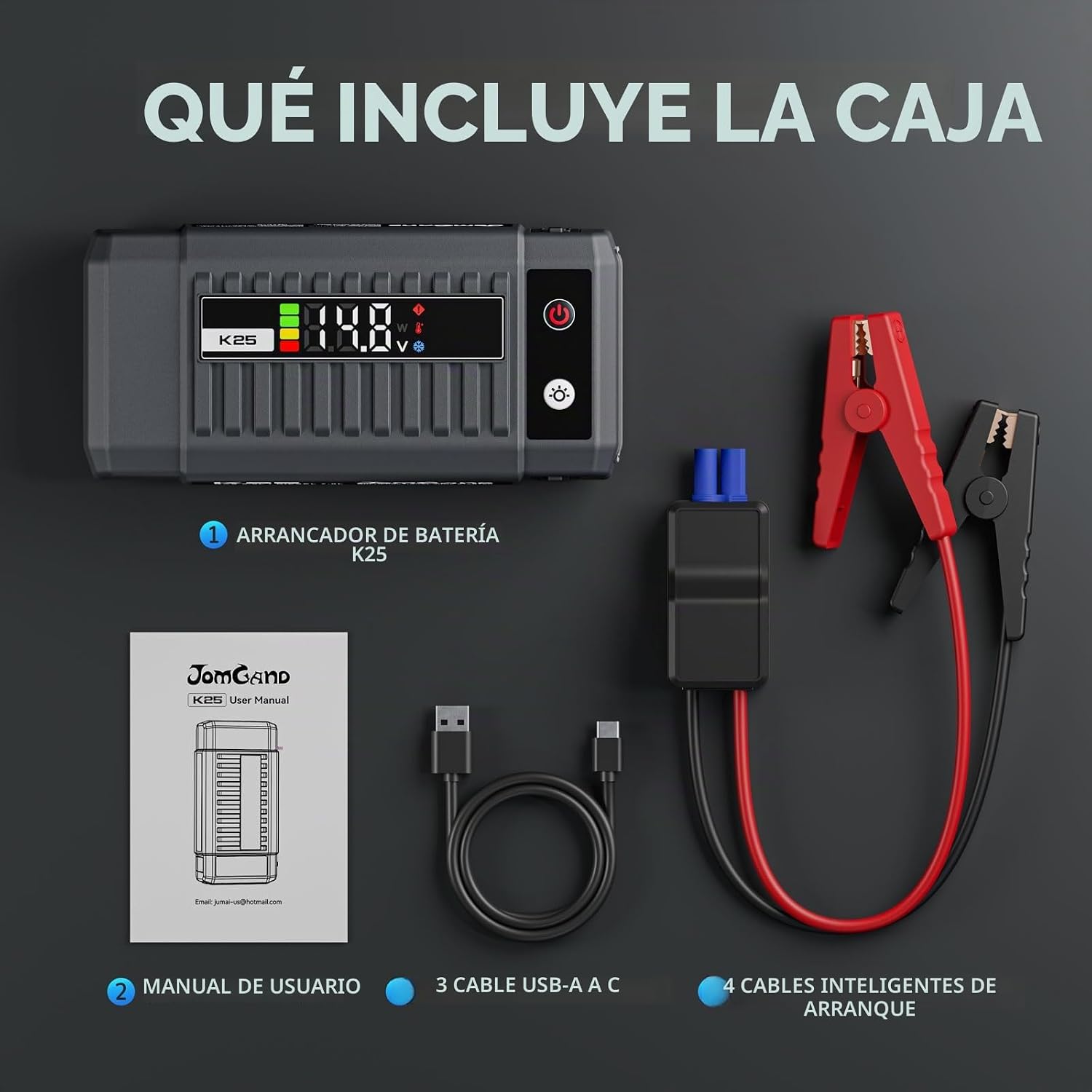 JOMGAND K25 Jump Starter 3750A Paquete de refuerzo de batería de co...