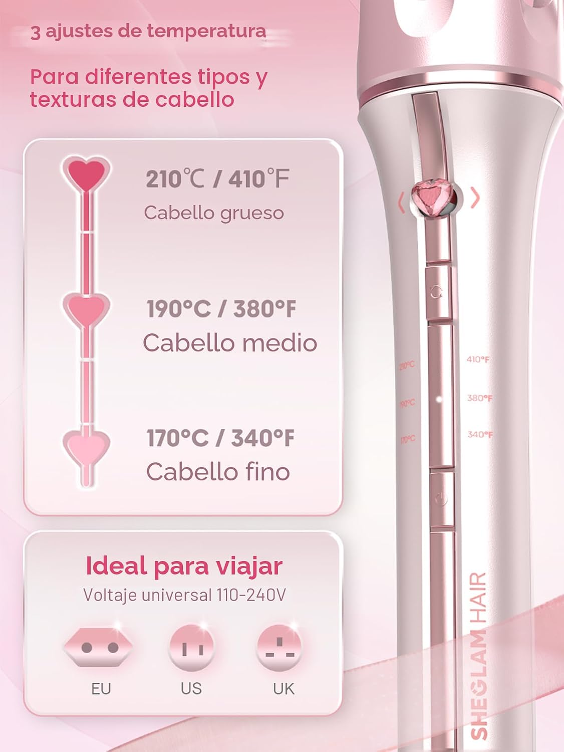 SHEGLAM Rizador rosa regalo automático para mujer (rosa, 1 pulgada)