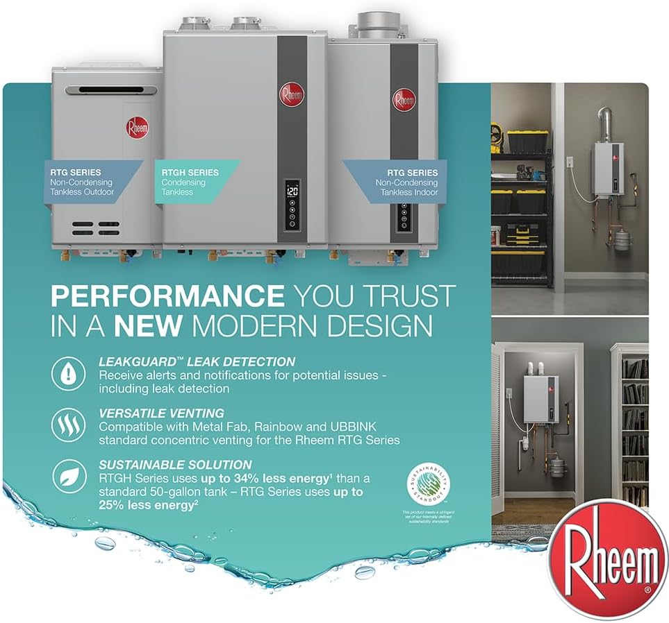 Rheem RTG Series 9.5 GPM Calentador de agua sin tanque de gas natur...