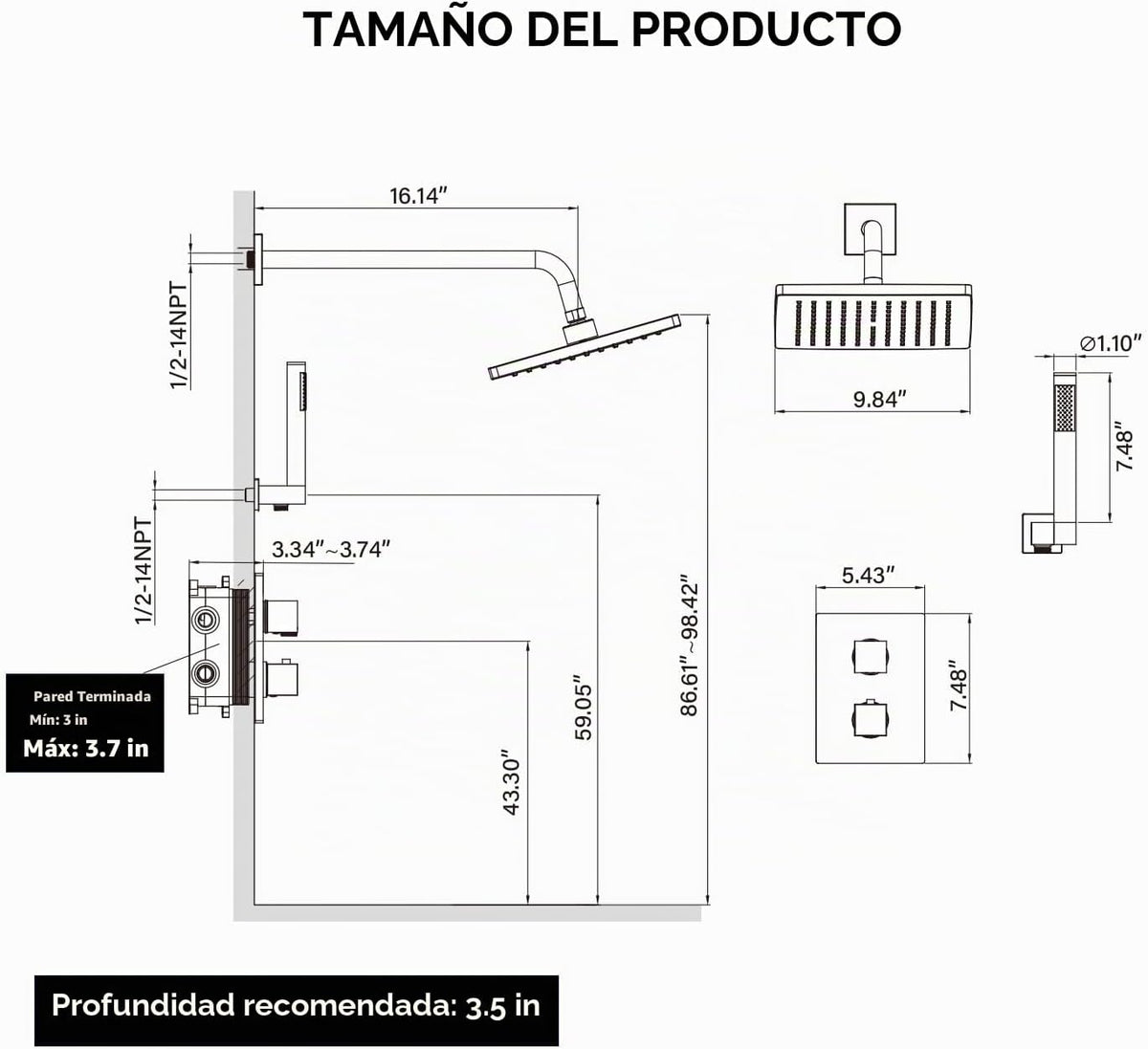 Esnbia Sistema de ducha termostático negro, juego de grifo de ducha...