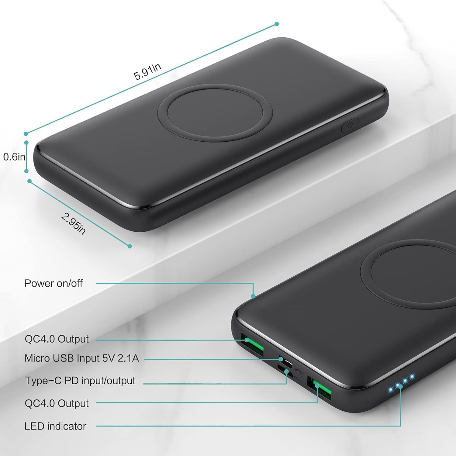 Cargador portátil inalámbrico, 13800 mAh, 15 W, carga inalámbrica r...