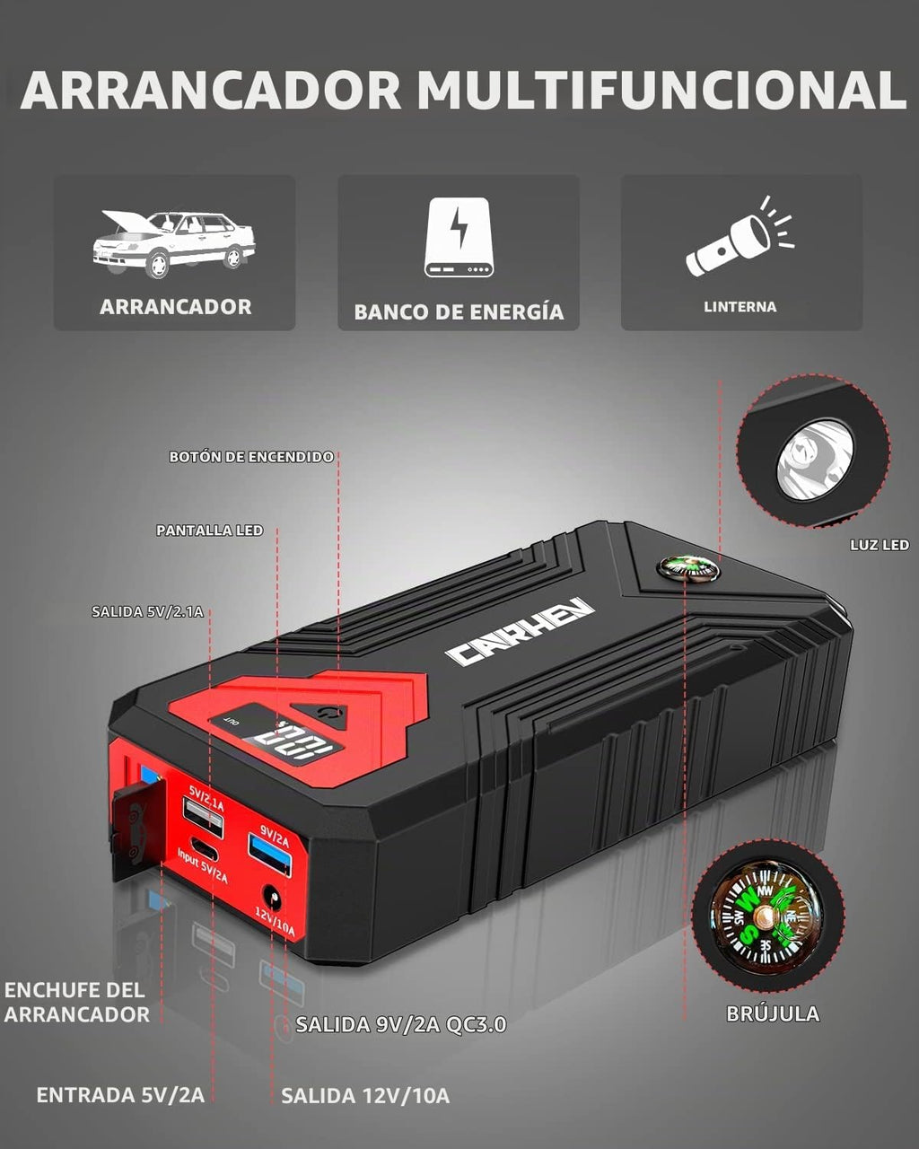Arrancador de 3000 A, batería de coche de 24000 mAh (hasta 8.0 L de...