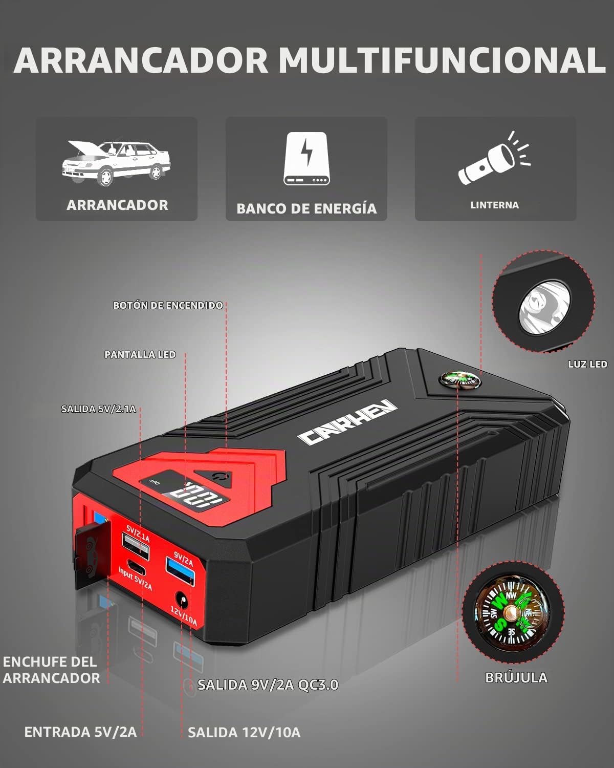 Arrancador de 3000 A, batería de coche de 24000 mAh (hasta 8.0 L de...