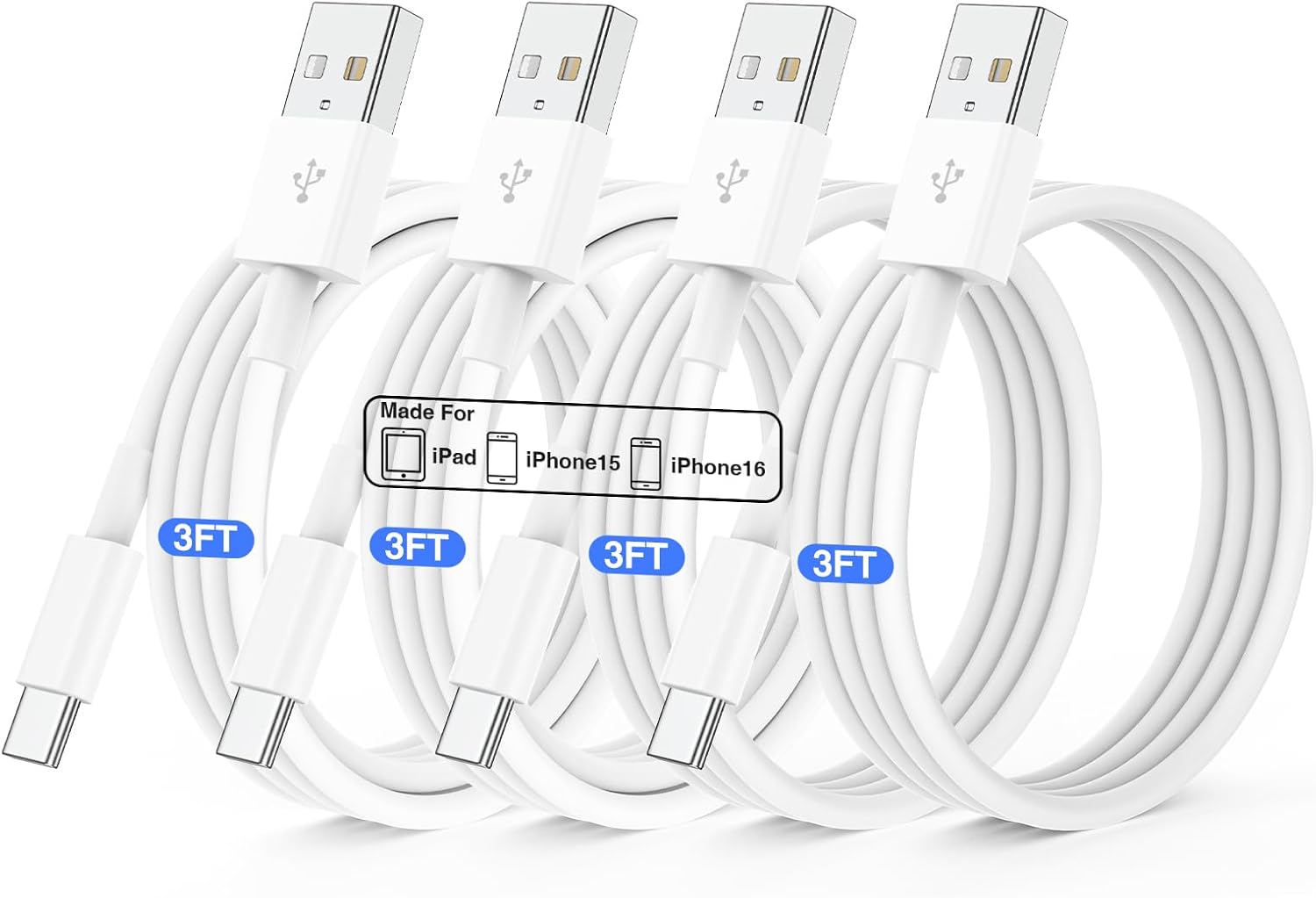 QZIIW Paquete de 4 cables de carga rápida USB C de 3 pies para iPho...