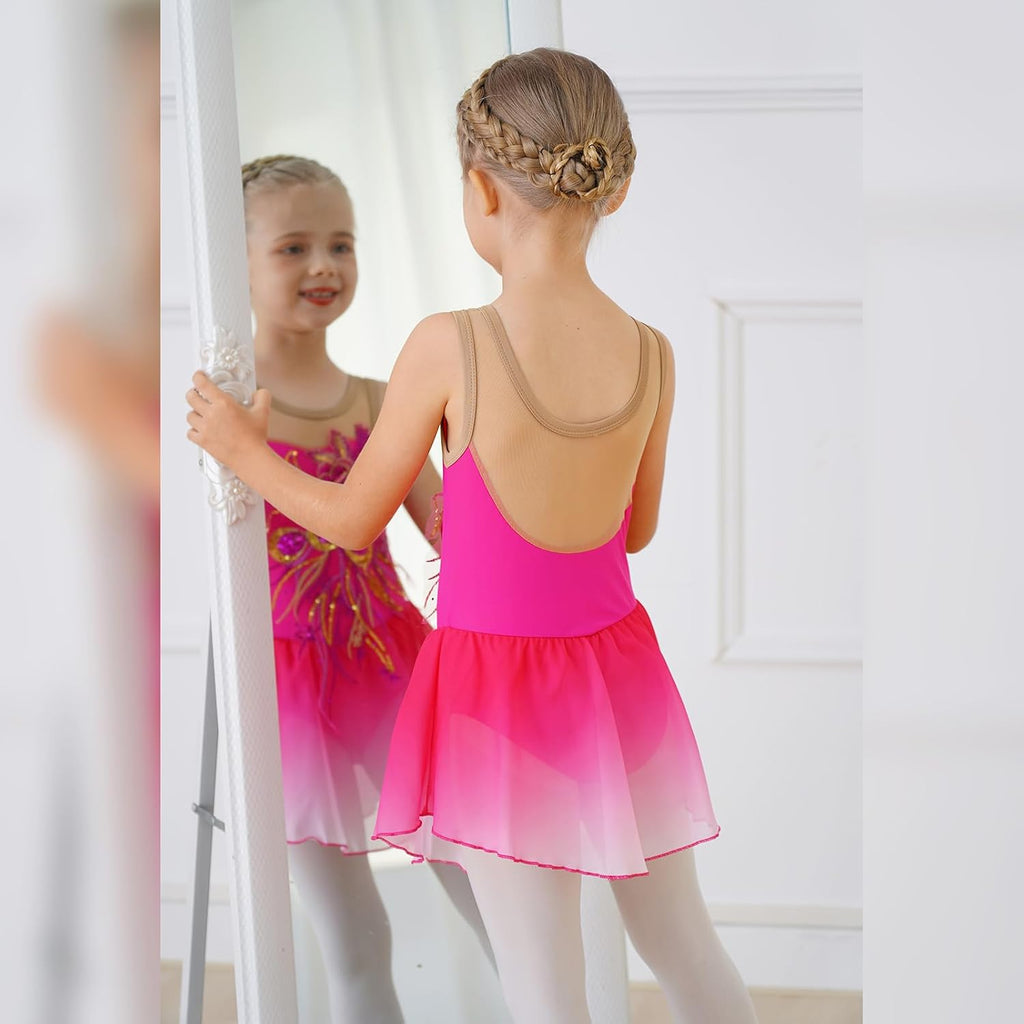 Vestido de patinaje artístico para niñas - Leotardo de malla con fl...