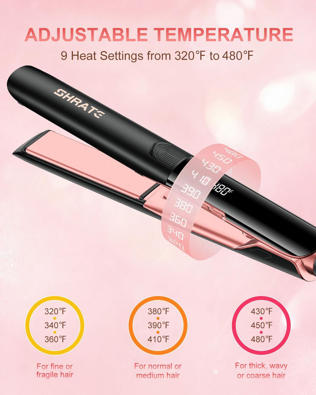 SHRATE Plancha de pelo iónico negro\/oro rosa | Calor rápido de 18...