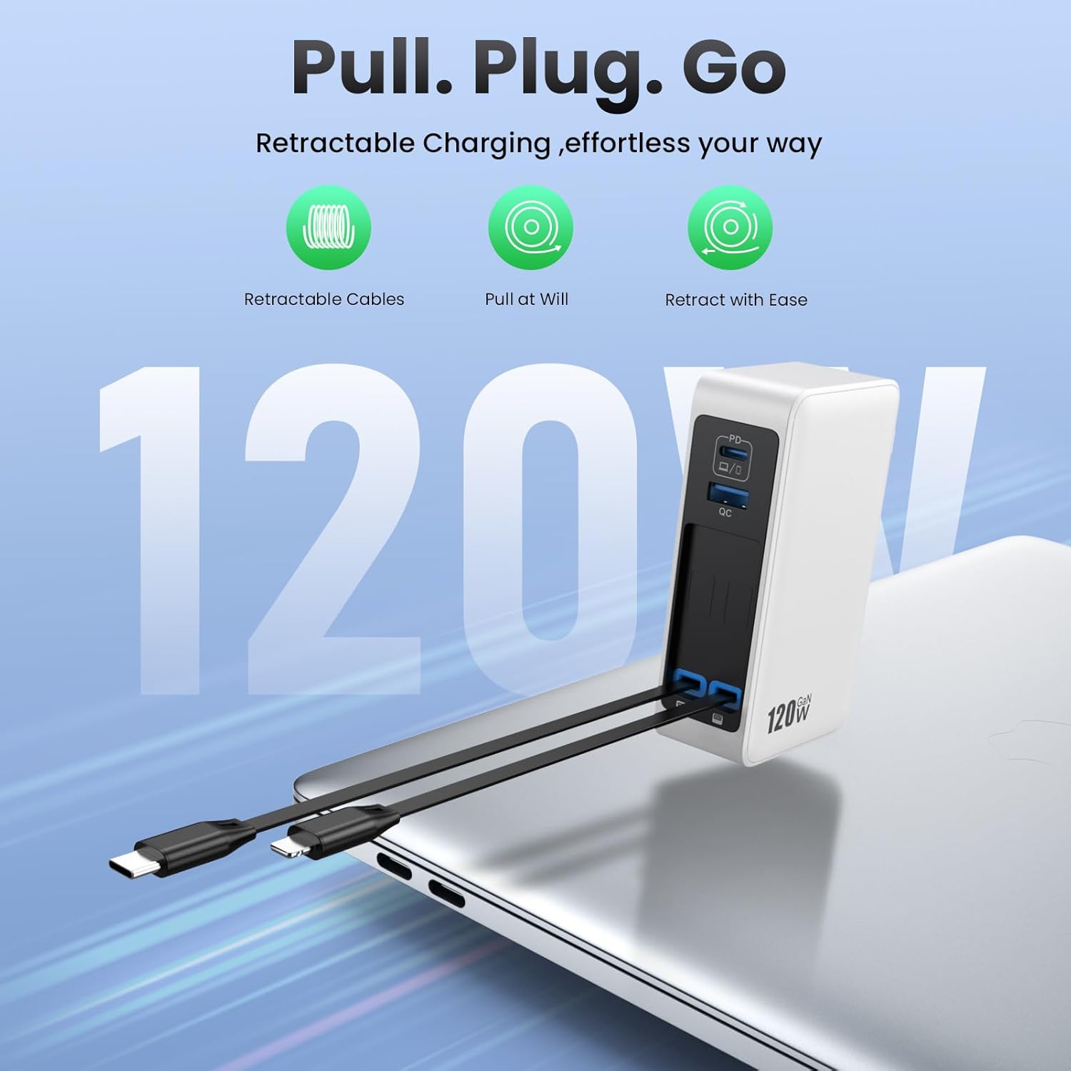 Bloque de Cargador USB C 120W con 2 Cables Retráctiles Integrados,...
