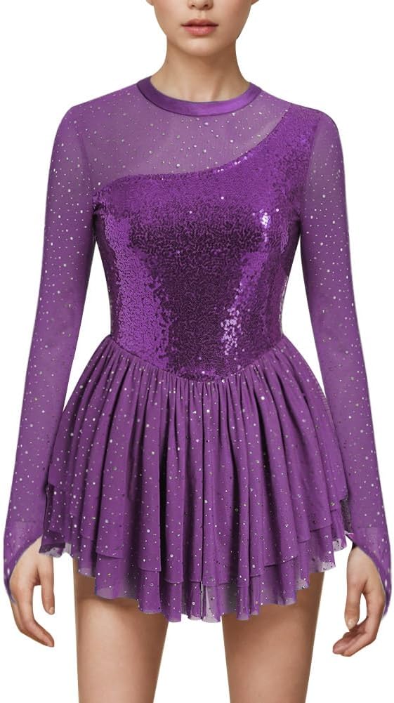 AFAVOM Vestido de patinaje artístico con lentejuelas para mujer, ma...
