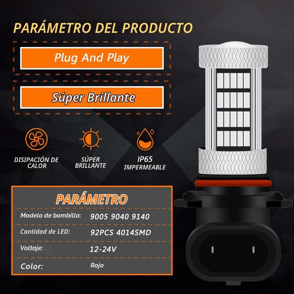 GLOFE Bombillas LED de alta potencia de 92 SMD rojas 9005 9006 9145...