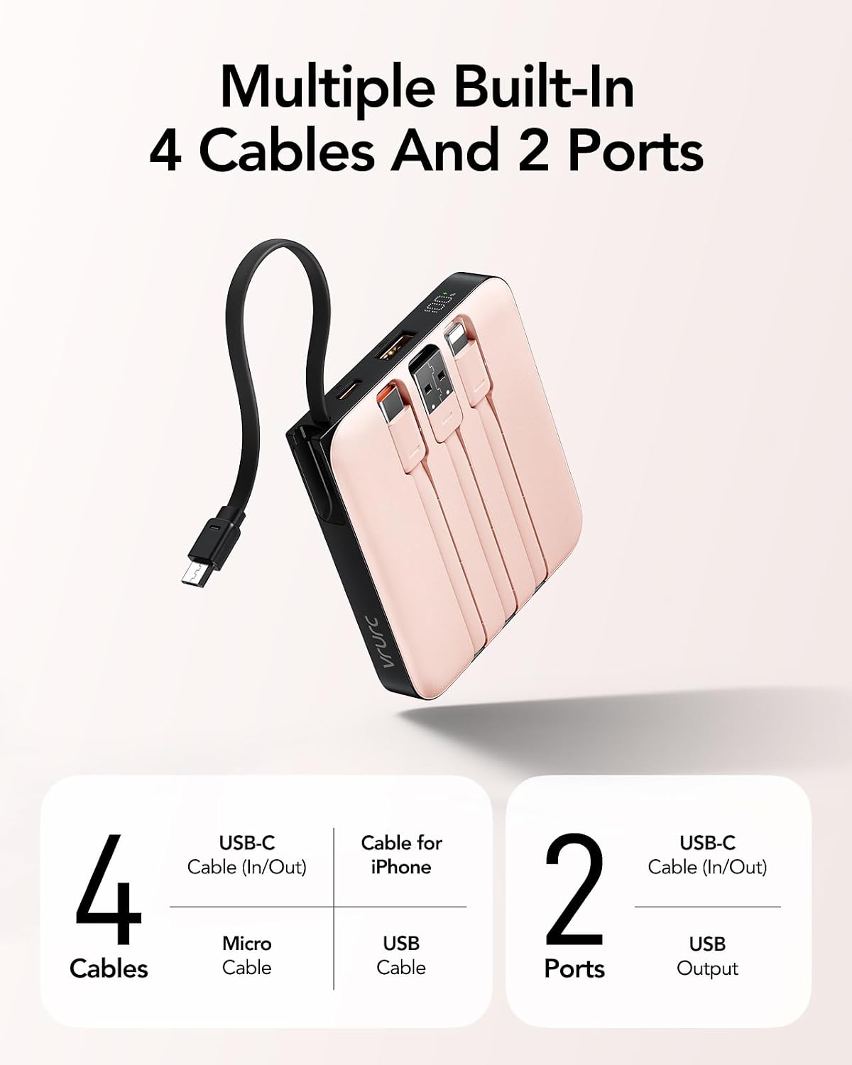 VRURC - Cargador portátil para iPhone con cables integrados, 22.5 W...