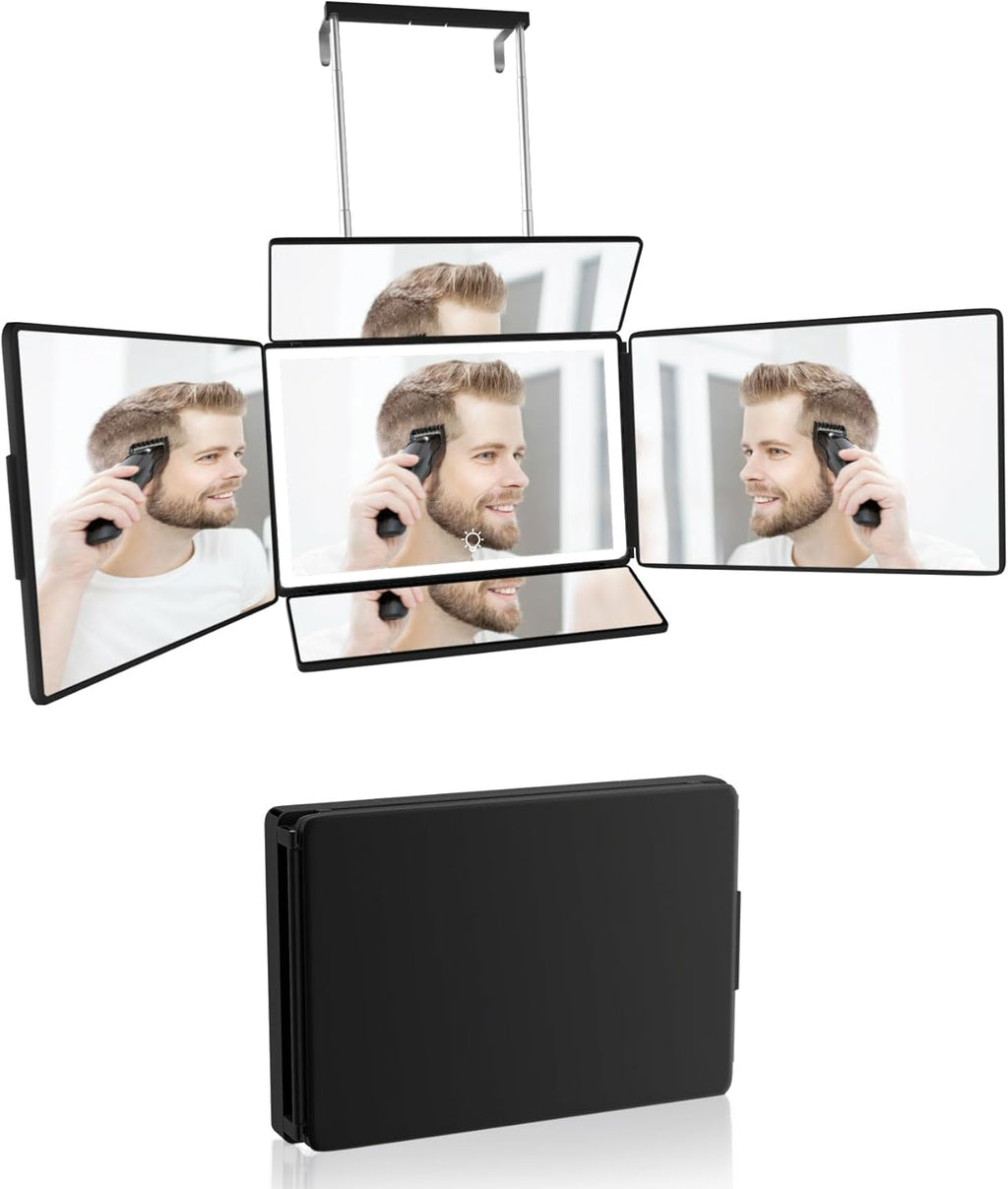 Aokoka Espejo de 5 vías con luz para corte de pelo automático, espe...