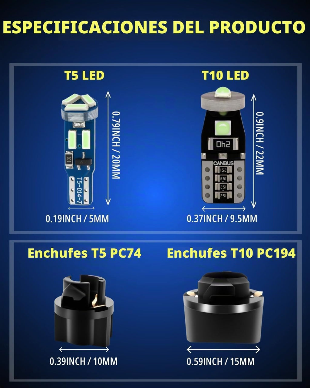 WLJH Paquete de 40 bombillas LED T5 T10 con enchufes, no polaridad...