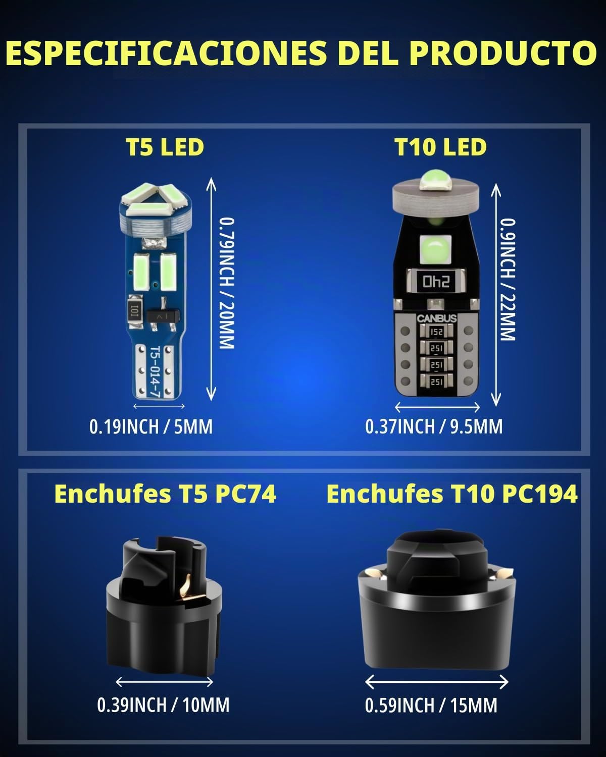 WLJH Paquete de 40 bombillas LED T5 T10 con enchufes, no polaridad...
