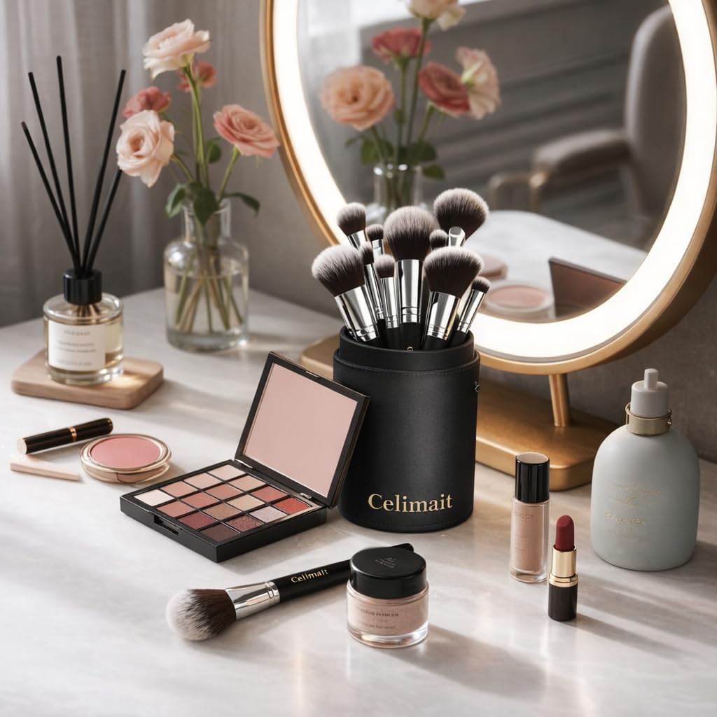 CELIMAIT Juego de brochas de maquillaje con estuche de viaje, cerda...