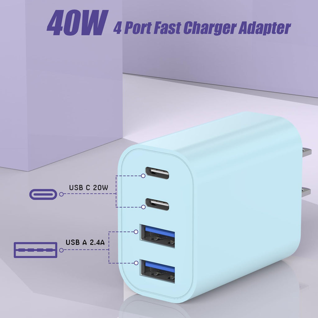 Cargador USB C de 40 W, [Paquete de 2] Cargador de tipo C de 4 puer...