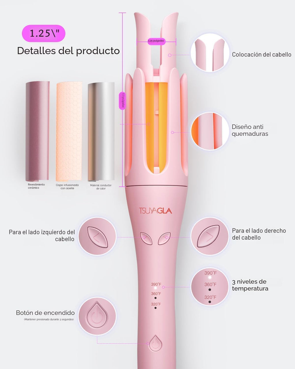 TSUYAGLA Rizador automático, rizador de pelo de 1 1\/4 pulgadas con...