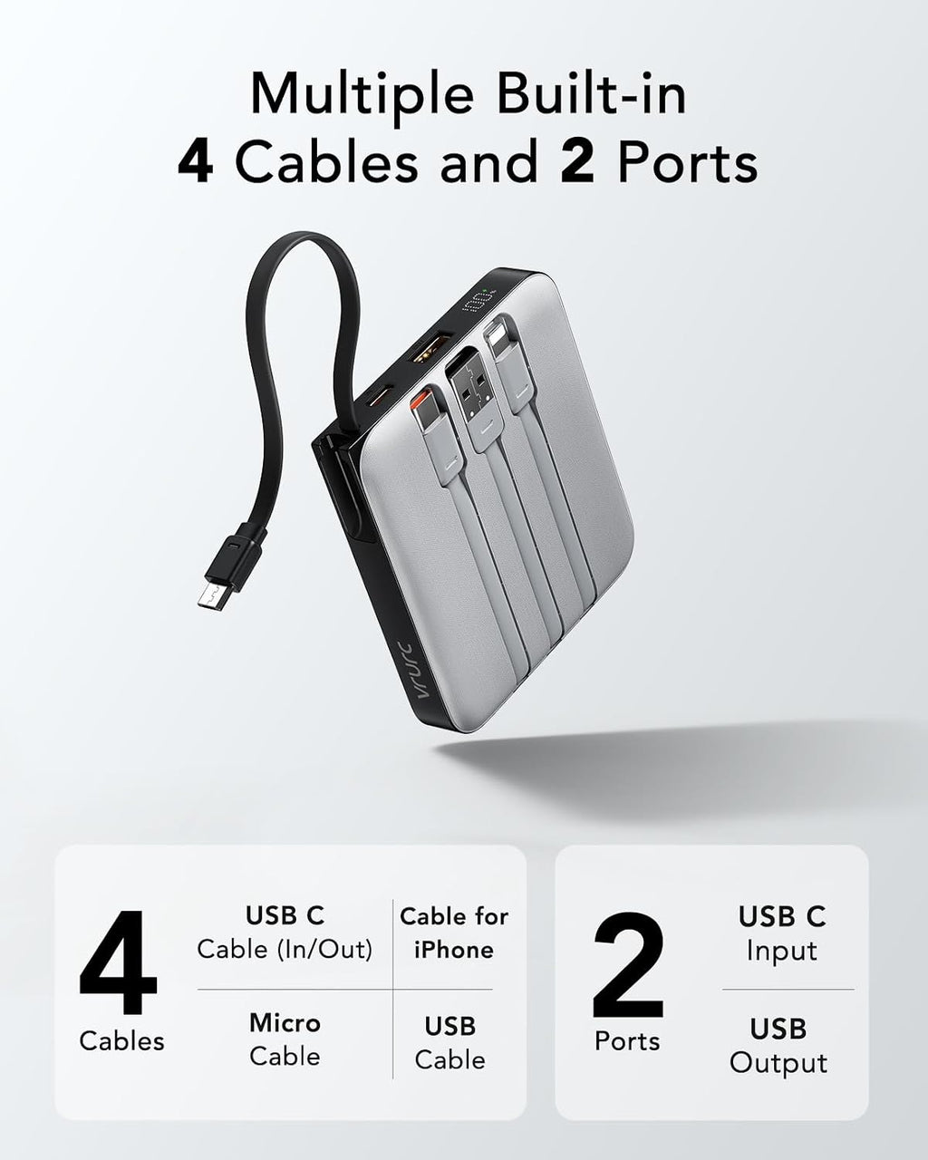 VRURC - Cargador de teléfono portátil con 4 cables integrados, banc...
