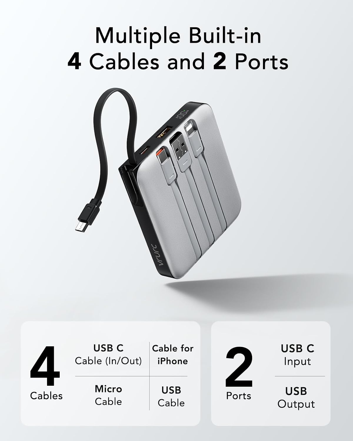 VRURC - Cargador de teléfono portátil con 4 cables integrados, banc...