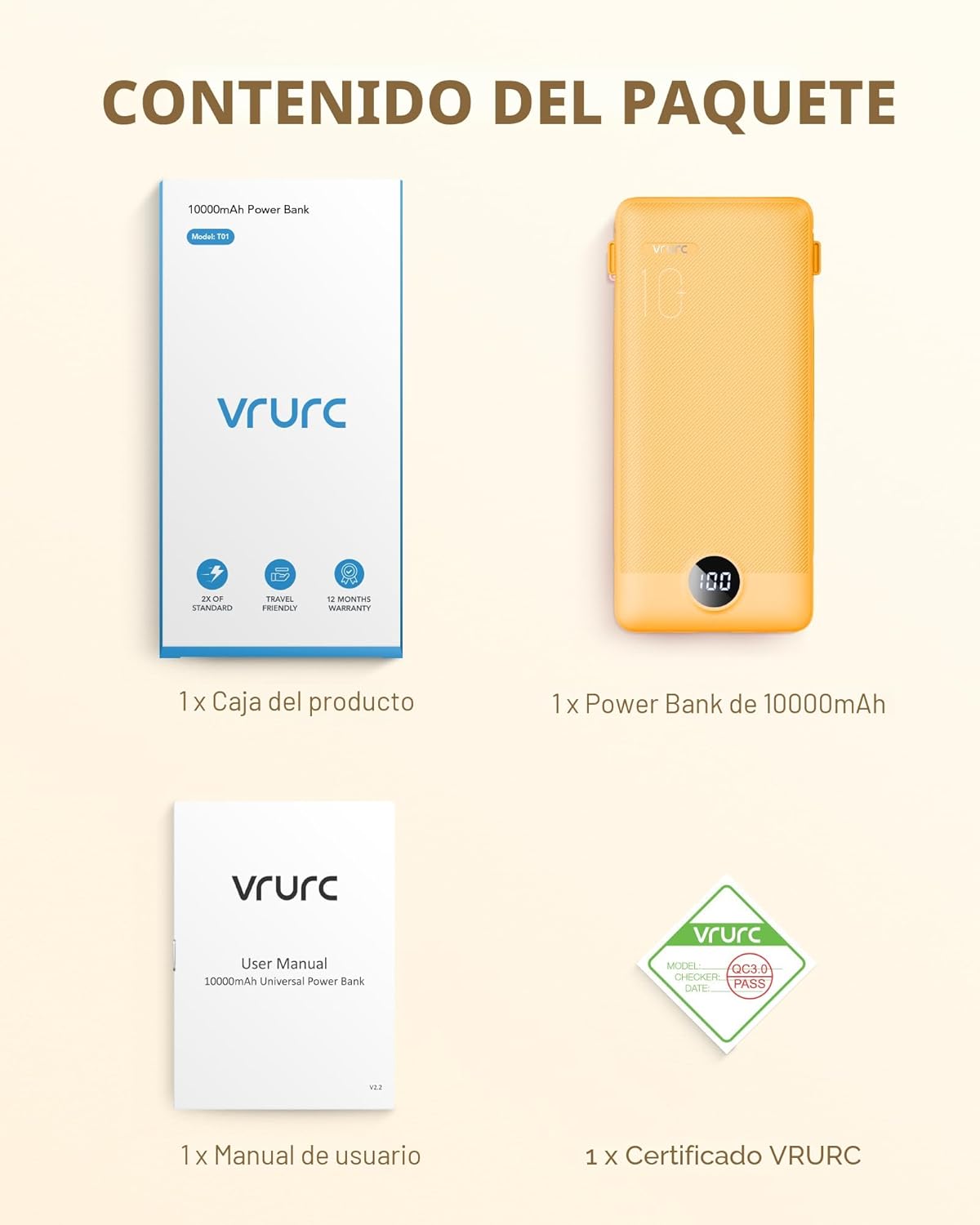 VRURC Cargador portátil con cables integrados y enchufe de pared de...