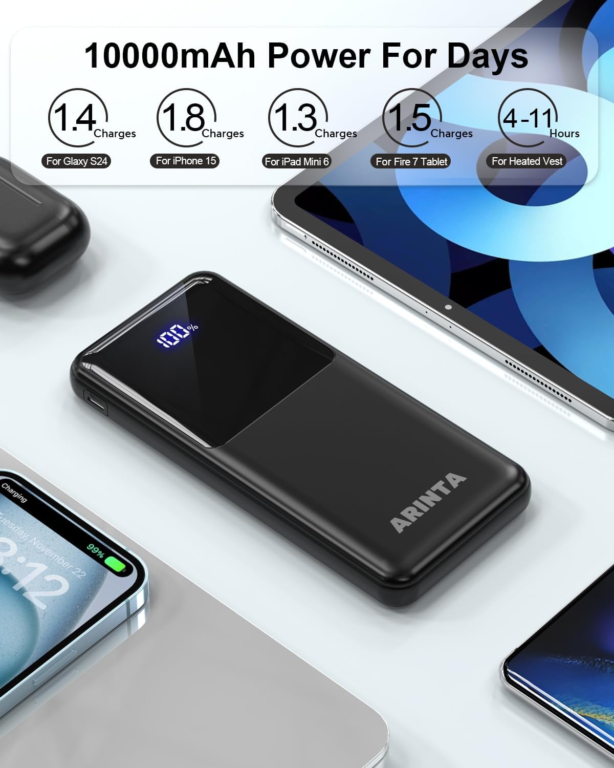 ARINTA Cargador portátil Power Bank de 10000 mAh PD 22.5 W, pantall...
