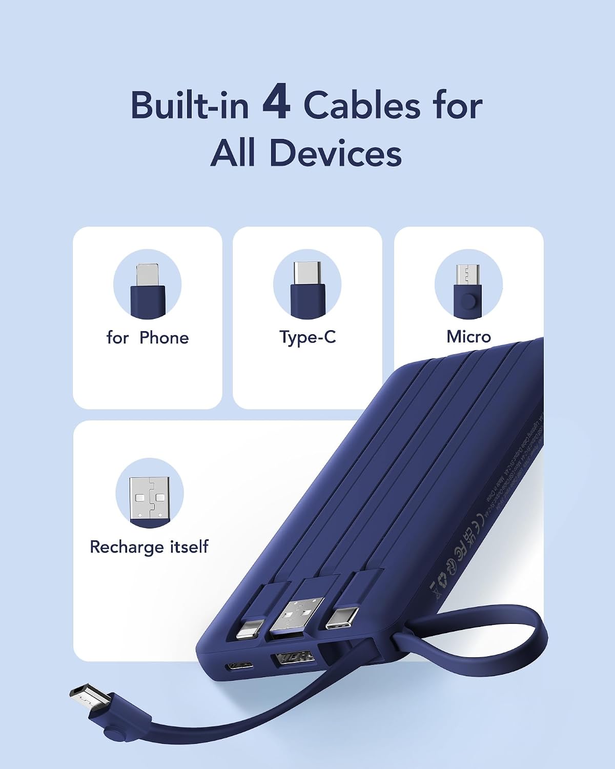 VRURC Cargador portátil, 4 cables integrados y cargador de batería...