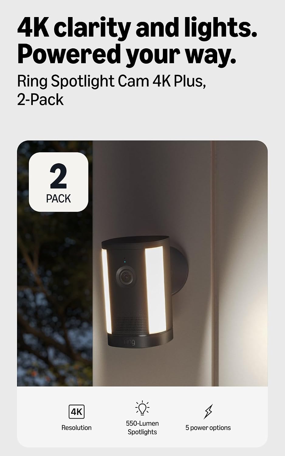 Cámara con luz de enfoque 4K Plus Ring inalámbrica (último modelo):...