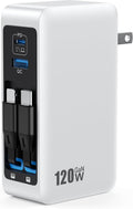 Bloque de Cargador USB C 120W con 2 Cables Retráctiles Integrados,...