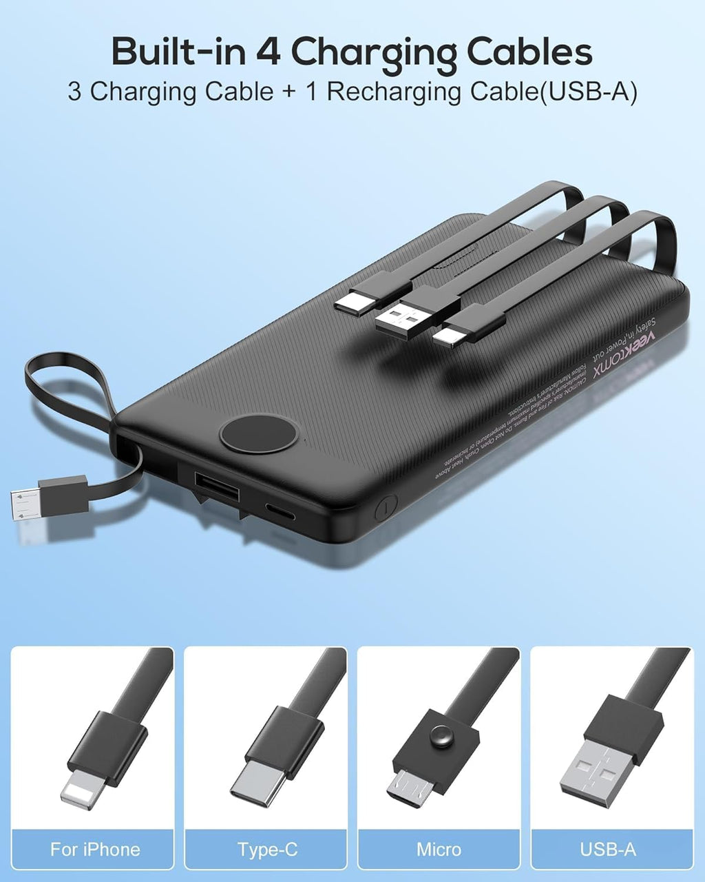 VEEKTOMX Cargador portátil de 10000 mAh con cables integrados, carg...