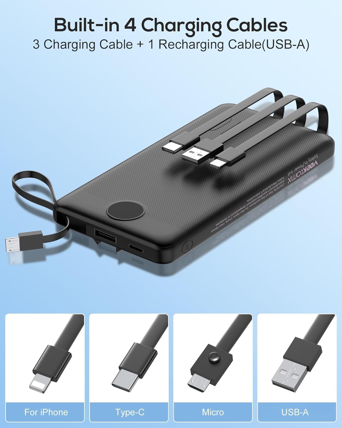 VEEKTOMX Cargador portátil de 10000 mAh con cables integrados, carg...