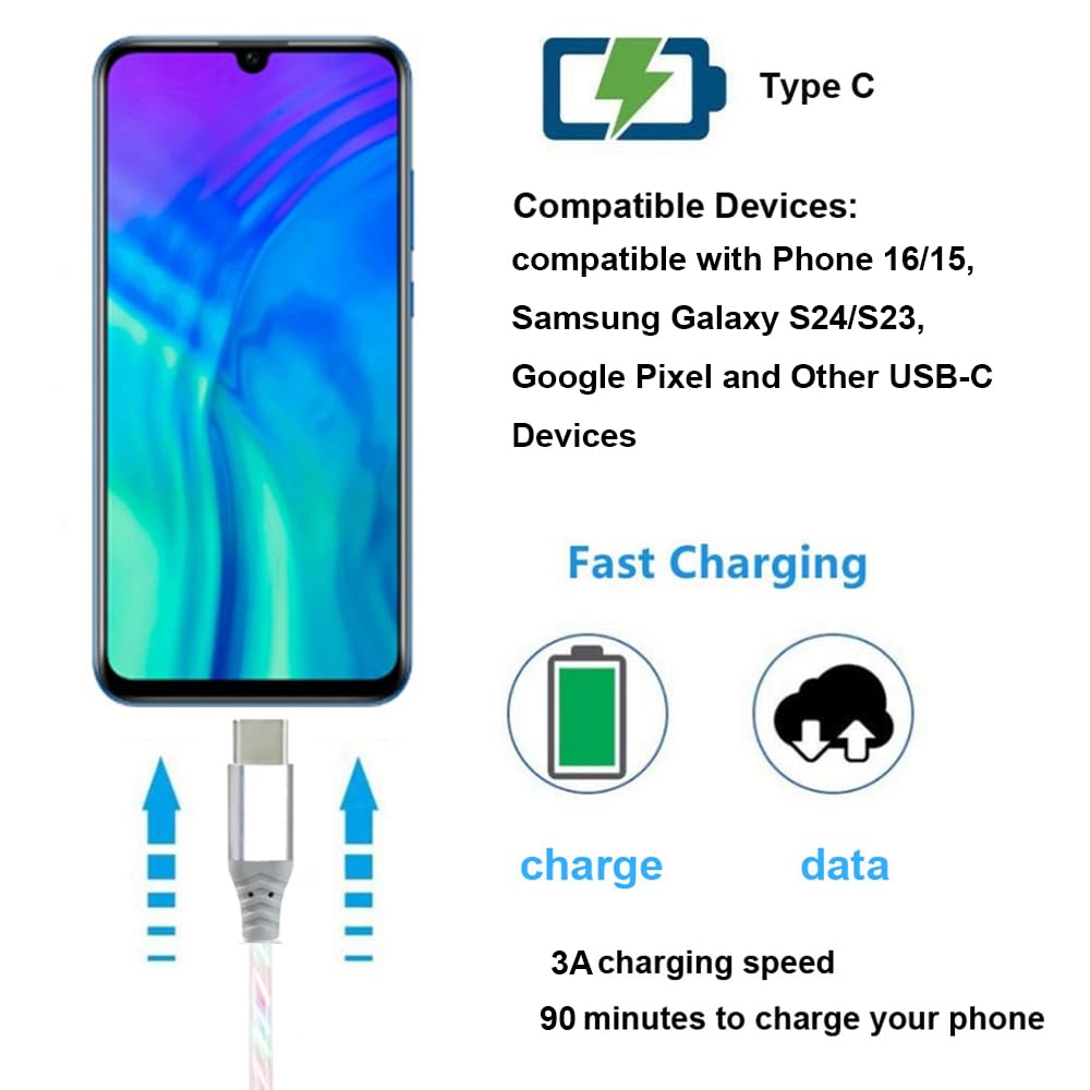 Cable LED USB C [2 unidades, 6 pies], cambio de color visible LED t...