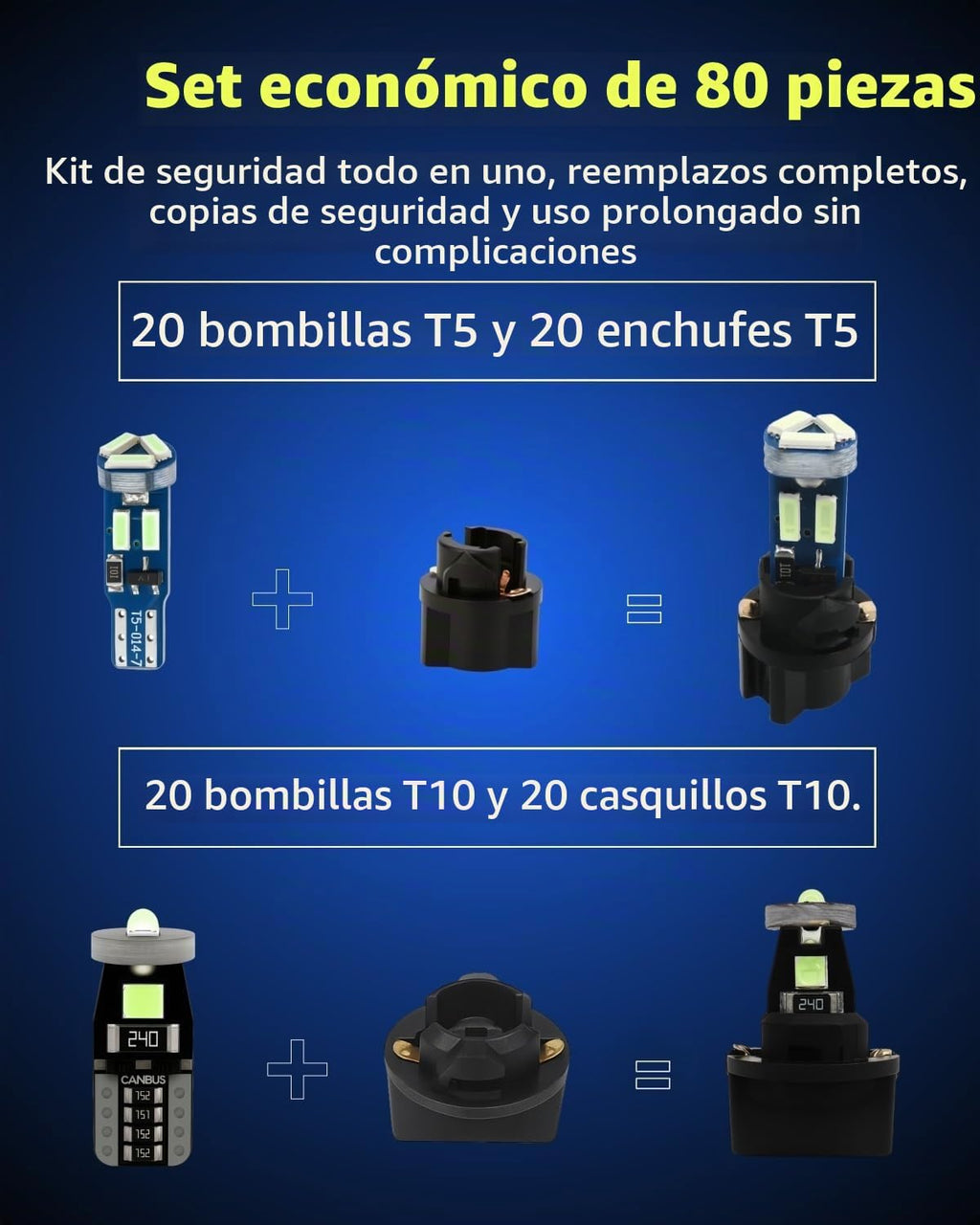 WLJH Paquete de 40 bombillas LED T5 T10 con enchufes, no polaridad...