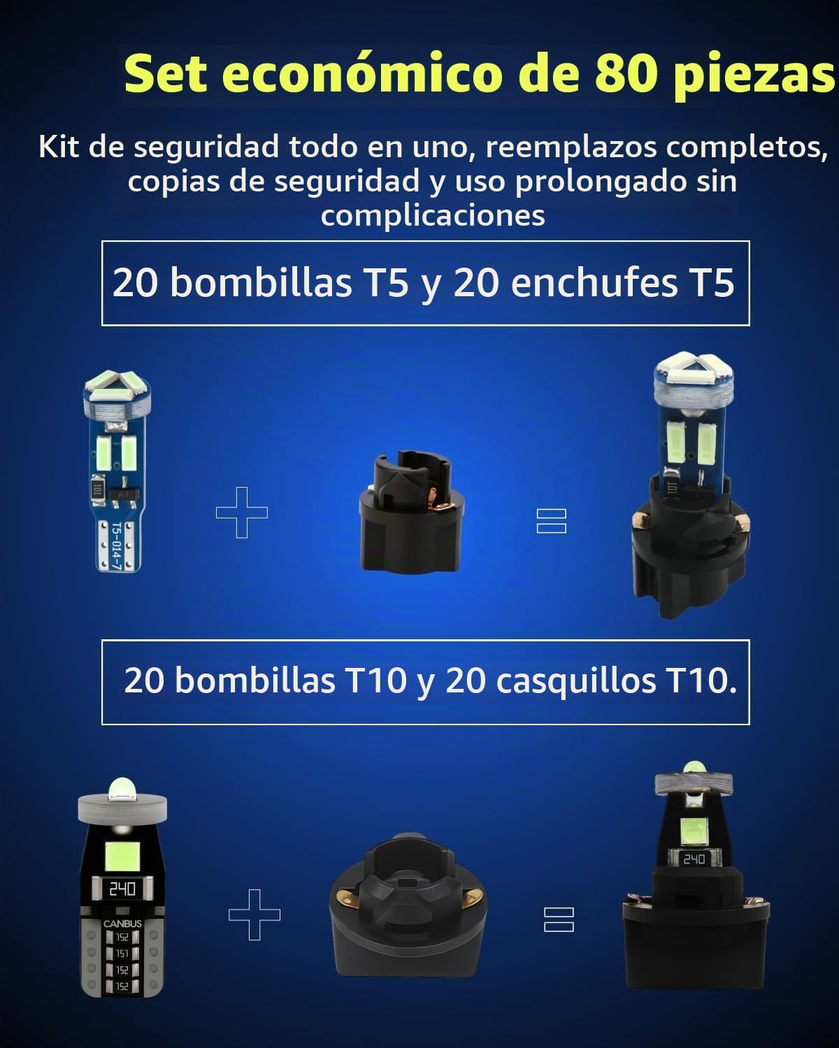 WLJH Paquete de 40 bombillas LED T5 T10 con enchufes, no polaridad...