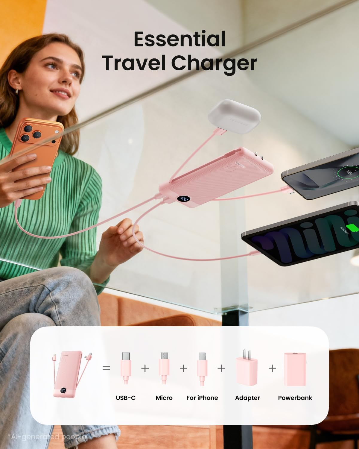 Coowisty Cargador portátil con cables integrados y enchufe de pared...
