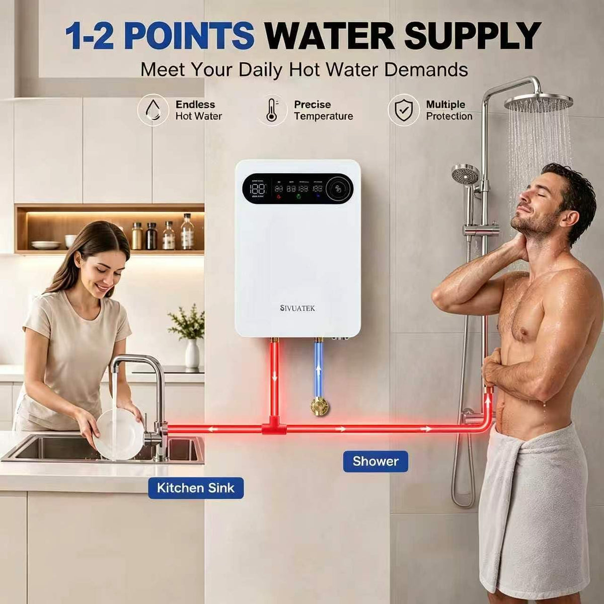 Calentador de agua eléctrico sin tanque de 14kW 240V, fregadero y d...