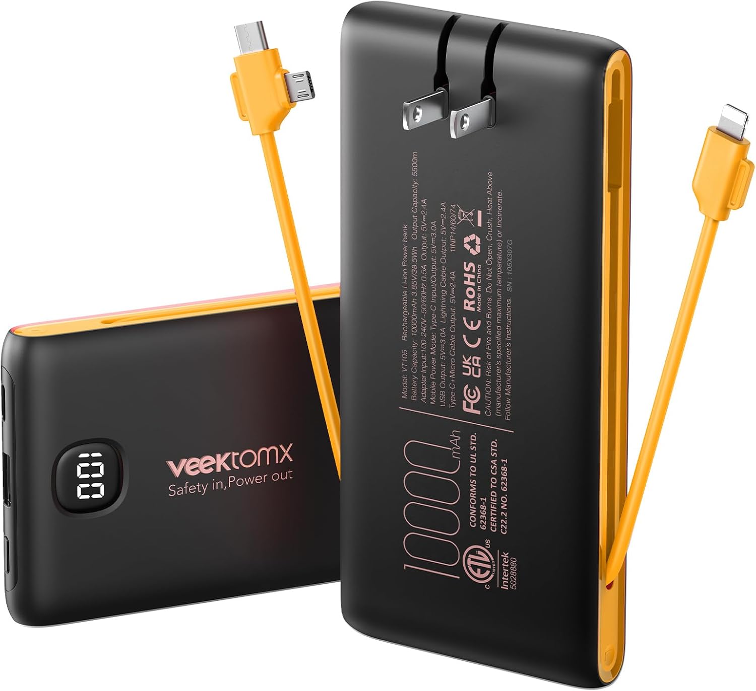 Cargador Portátil Power Bank con Cables Integrados y Enchufe de Par...