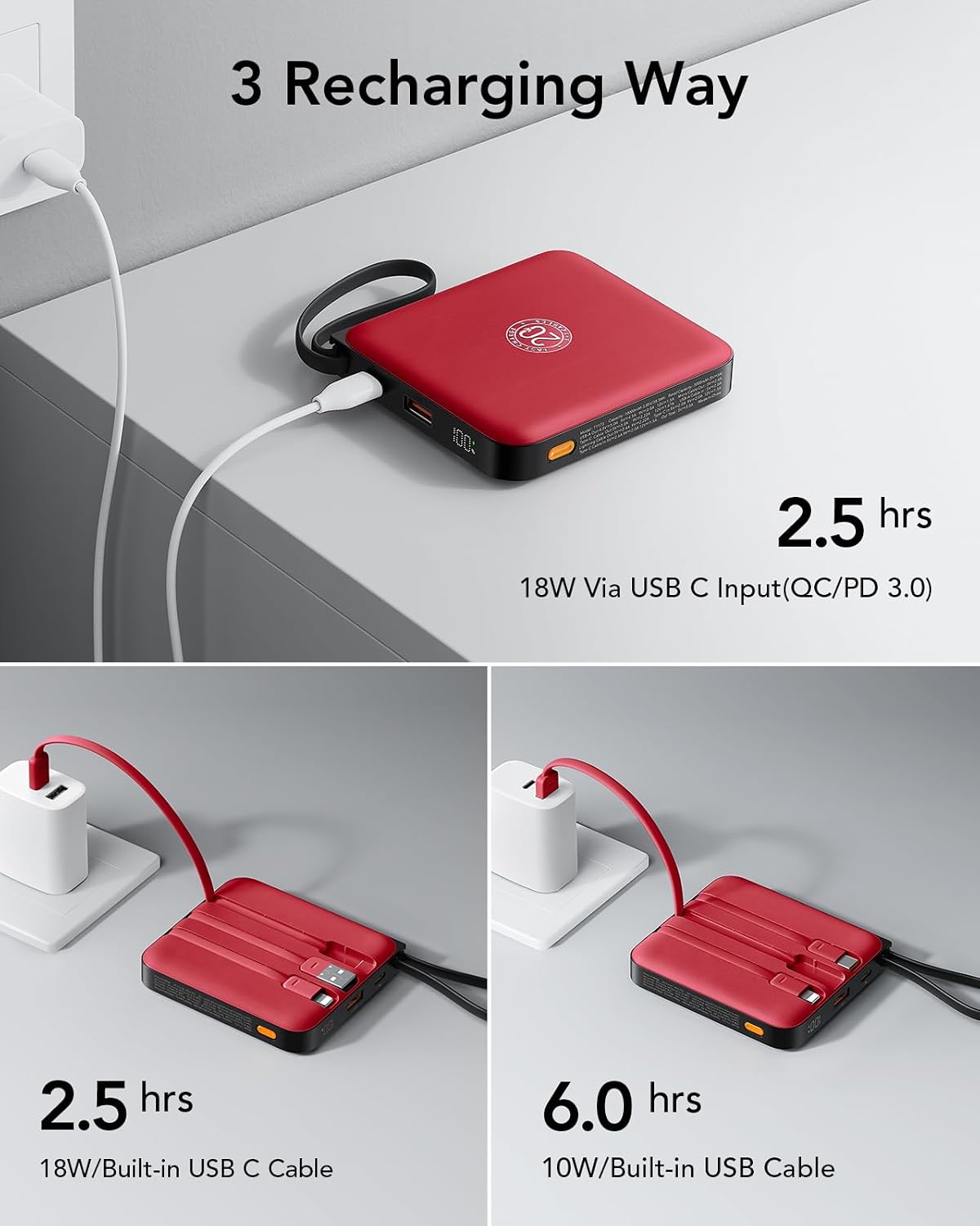 VRURC Cargador portátil de 10000 mAh para iPhone con cables integra...