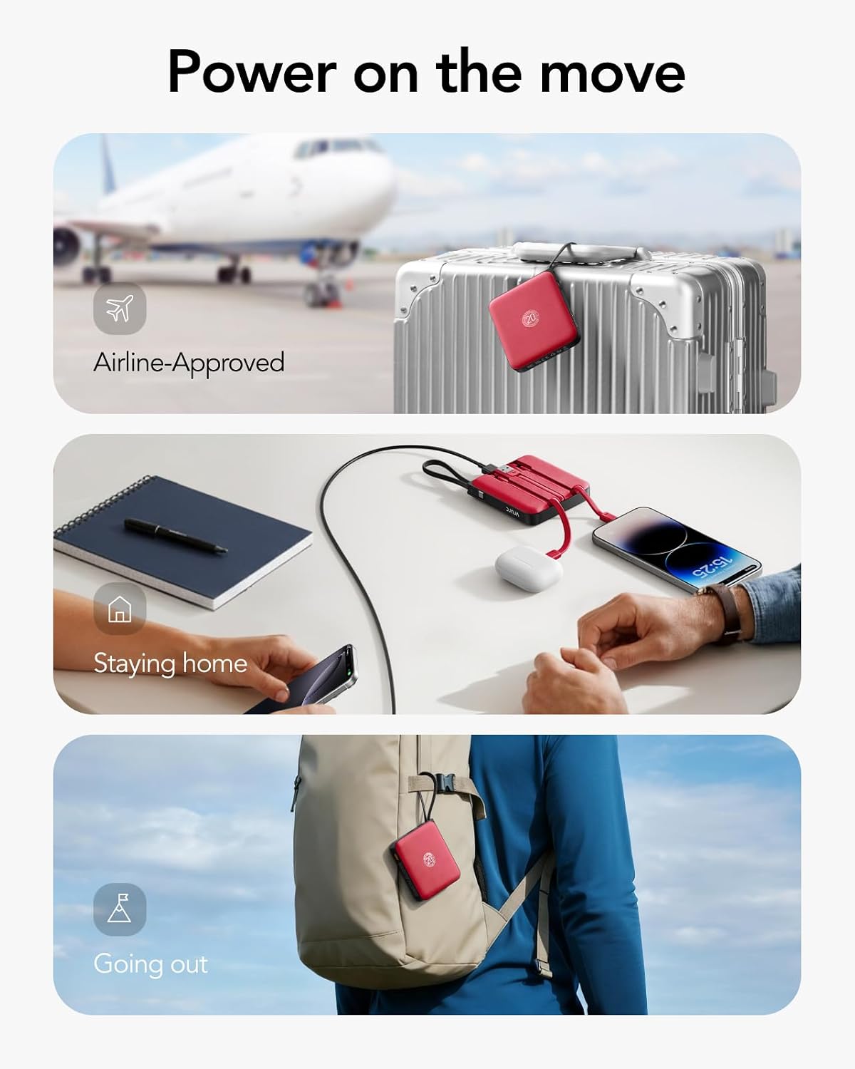 VRURC Cargador portátil de 10000 mAh para iPhone con cables integra...