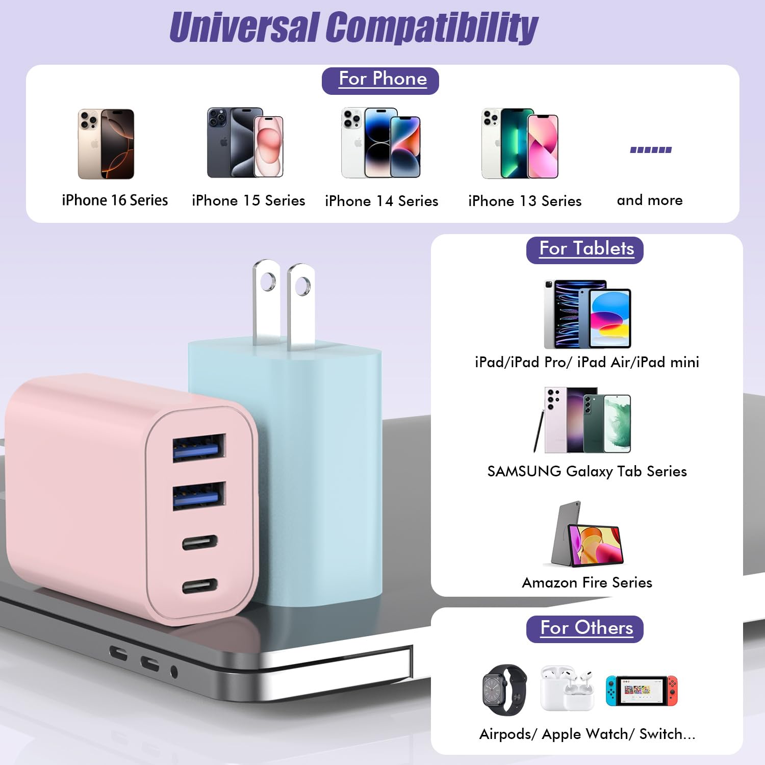 Bloque de cargador USB C de 40 W, [paquete de 2] 4 prot USB tipo C...