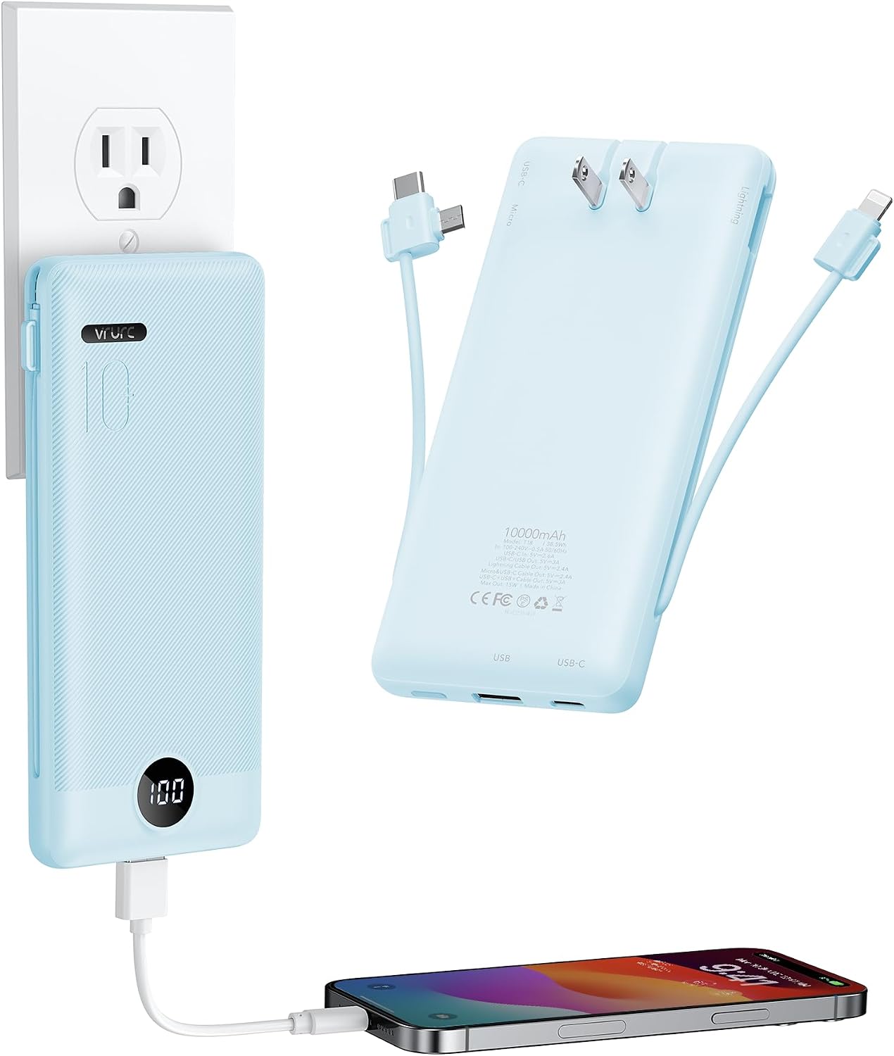 VRURC Cargador portátil con enchufe de pared y cables, banco de ene...