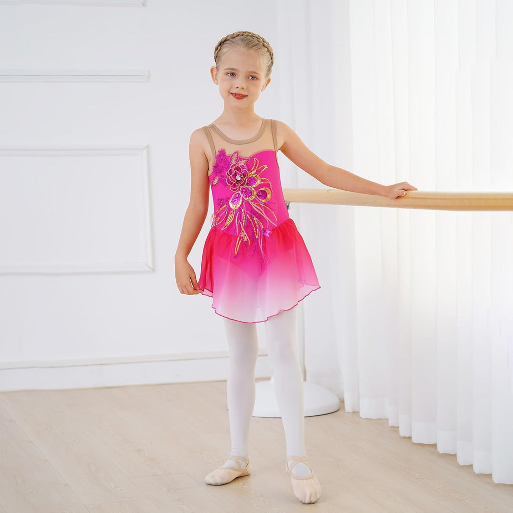 Vestido de patinaje artístico para niñas - Leotardo de malla con fl...