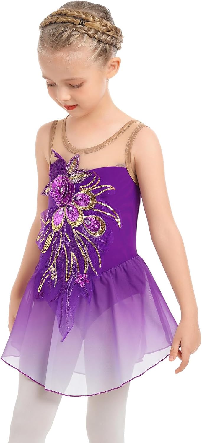 Vestido de patinaje artístico para niñas - Leotardo de malla con fl...