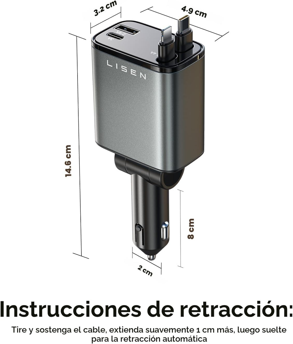 LISEN - Cargador retráctil para automóvil, adaptador de cargador de...